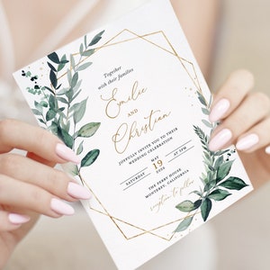 Sage Greenery Wedding Invitation Template, Botanical Gold Wedding Invites, Elegant Rustic Dark Sage Green Invitation, Printable, Download