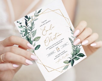 Sage Greenery Wedding Invitation Template, Botanical Gold Wedding Invites, Elegant Rustic Dark Sage Green Invitation, Printable, Download