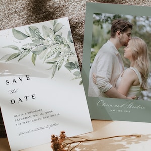 Salbei Grün Save the Date Karten Vorlage, Foto Eukalyptus Hochzeit Save The Dates, Minimalist Greenery Elegante Boho Save The Date Karten, Cloe