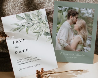 Sage Green Save The Date Cards Template, Photo Eucalyptus Wedding Save The Dates, Minimalist Greenery Elegant Boho Save The Date Cards, Cloe