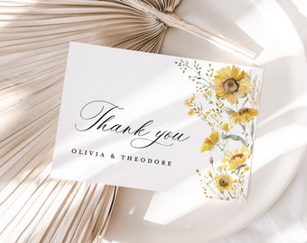 Sunflower Wedding Thank You Card Template, Boho Wildflower Thank You Note, Elegant Sage Yellow Floral Thank You Table Place Card, Download