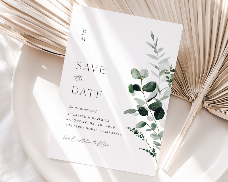 Sage Green Save The Date Template, Minimal Photo Wedding Save The Dates, Printable Greenery Rustic Botanical Save The Date Cards, Download image 4