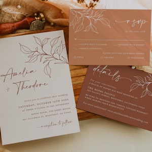 Botanical Wedding Invitation Template Set, Boho Terracotta Wedding Invite Suite, Minimal Elegant Burnt Orange Details, Download Rust RSVP