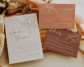 Botanical Wedding Invitation Template Set, Boho Terracotta Wedding Invite Suite, Minimal Elegant Burnt Orange Details, Download Rust RSVP
