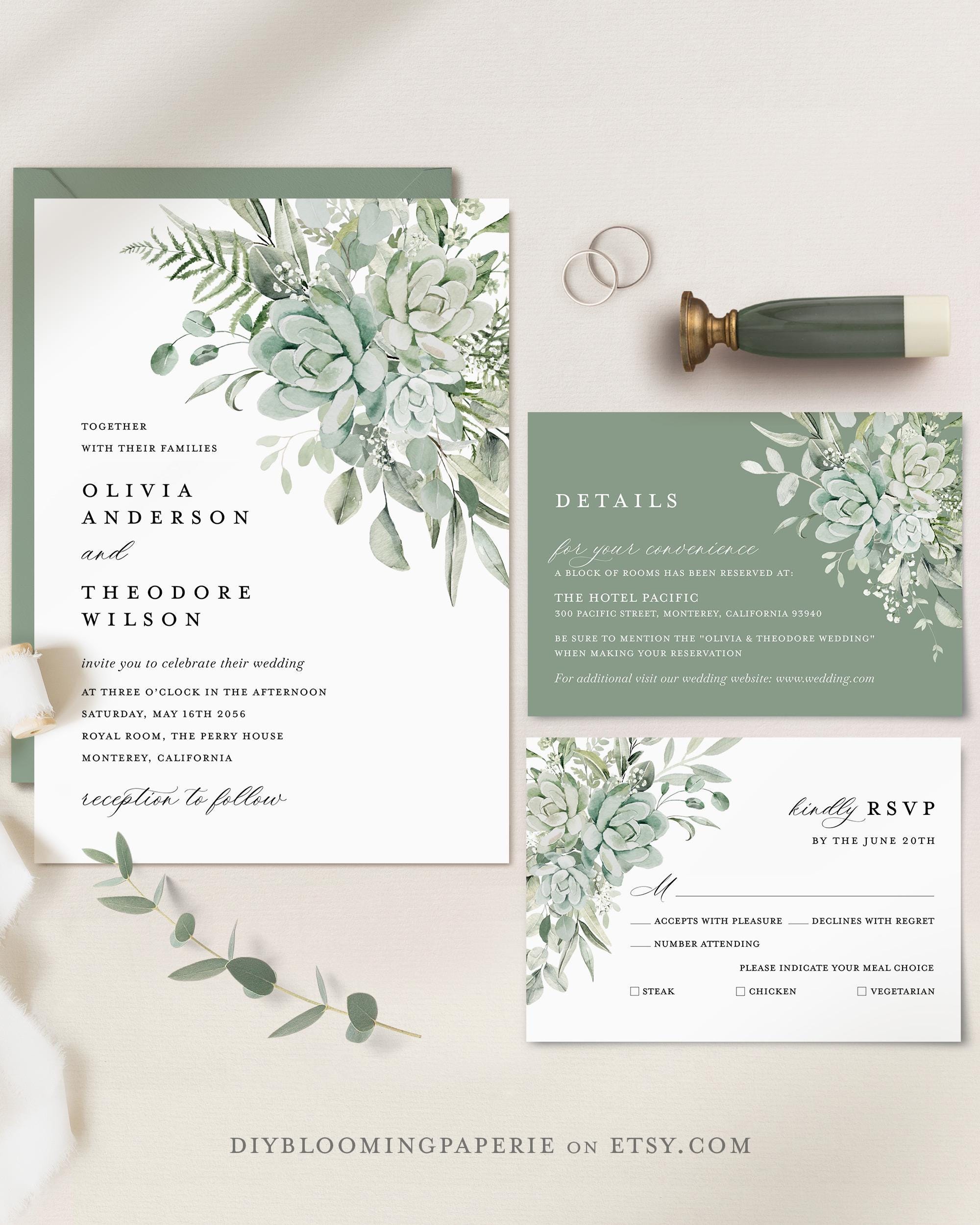 Sage Green Wedding Invitation Template Set, Boho Greenery Wedding ...