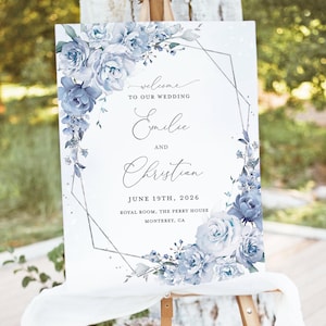 Dusty Blue Wedding Welcome Sign Template, Floral Silver Reception Decor Sign, Printable Elegant Boho Light Blue Large Signage, Download