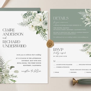 Sage Green Minimal Wedding Invitation Template, White Floral Modern Wedding Invite Set, Elegant Forest Greenery Details Card, Printable RSVP