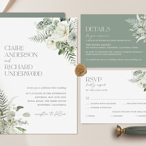 Modello di invito a nozze minimal verde salvia, set di inviti a nozze moderni floreali bianchi, elegante carta con dettagli sulla vegetazione della foresta, RSVP stampabile