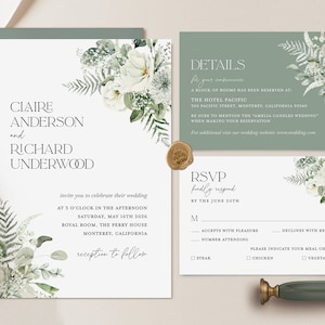 Sage Green Minimal Wedding Invitation Template, White Floral Modern Wedding Invite Set, Elegant Forest Greenery Details Card, Printable RSVP