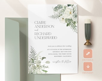 Sage Green Minimal Wedding Invitation Template, White Floral Modern Invite, Elegant Forest Greenery Printable Wedding Invitations, DIY Card