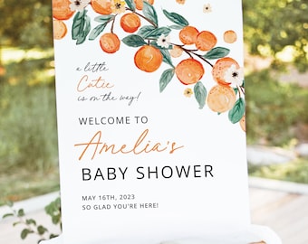 Plantilla de letrero de bienvenida para baby shower "A little cutie is on the Way", letrero editable de cítricos para baby shower, póster de bienvenida de flor de naranja, descarga