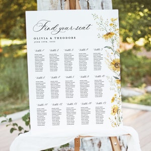Zonnebloem bruiloft zitplaatsen grafiek sjabloon, afdrukbare Boho Wildflower grote gast zitplaatsen grafiek teken, bewerkbare salie gele tafel zitplaatsen Board