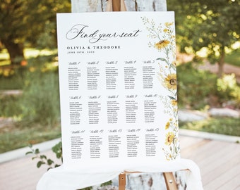 Sonnenblumen Hochzeit Sitzplan Vorlage, druckbare Boho Wildflower Großes Gast Sitzplan Schild, bearbeitbares Salbei Gelb Tisch Sitzbrett