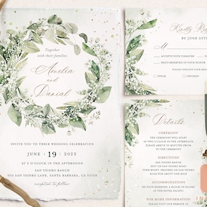 Bundle de modèles de faire-part de mariage verdure rustique, faire-part de mariage vert sauge, ensemble de faire-part de mariage élégant, carte de mariage imprimable, Ella