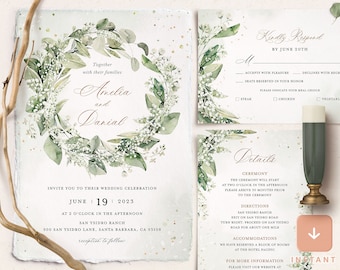 Rustic Greenery Wedding Invitation Template Bundle, Sage Green Wedding Invite, Elegant Wedding Invitation Set, Printable Wedding Card, Ella