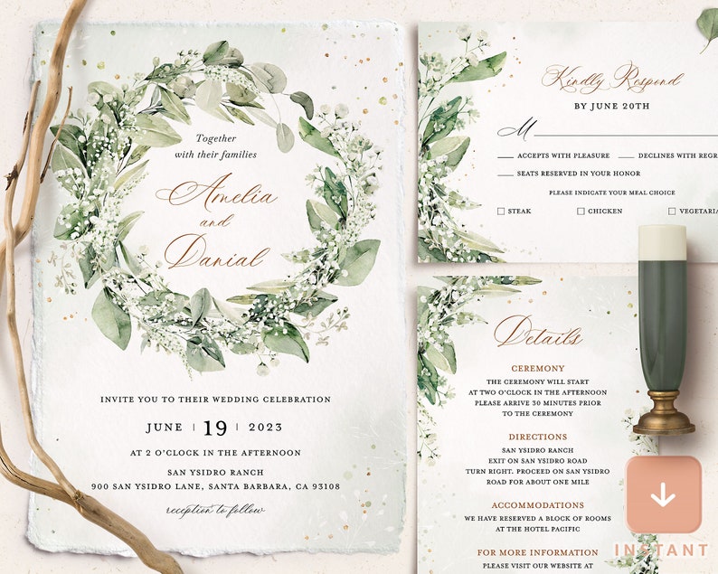 Rustic Greenery Wedding Invitation Template Bundle, Sage Green Wedding Invite, Elegant Wedding Invitation Set, Printable Wedding Card, Ella image 1