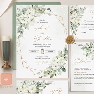 Lot de modèles géométriques floraux blancs pour faire-part de mariage, faire-part de mariage sauge, ensemble élégant de faire-part de mariage en or, carte de mariage imprimable