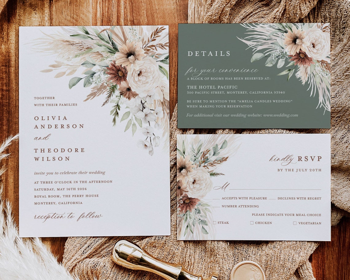 Boho Wedding Invitation Template Sage Minimalist Wedding image 1