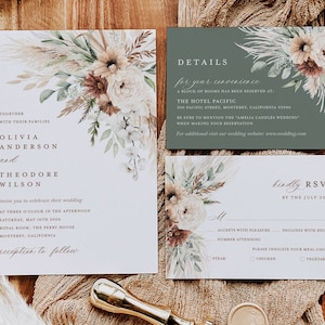 Boho Wedding Invitation Template, Sage Minimalist Wedding Invite Set, Elegant Floral Pampas Details Card, Terracotta Printable RSVP image 1