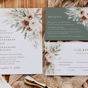 Plantilla de invitación de boda boho, conjunto de invitación de boda minimalista salvia, tarjeta de detalles de pampas florales elegantes, confirmación de asistencia imprimible en terracota