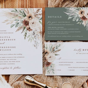 Boho Wedding Invitation Template, Sage Minimalist Wedding Invite Set, Elegant Floral Pampas Details Card, Terracotta Printable RSVP image 1