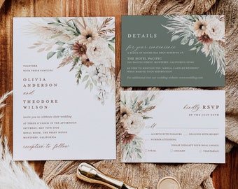 Boho Wedding Invitation Template, Sage Minimalist Wedding Invite Set, Elegant Floral Pampas Details Card, Terracotta Printable RSVP