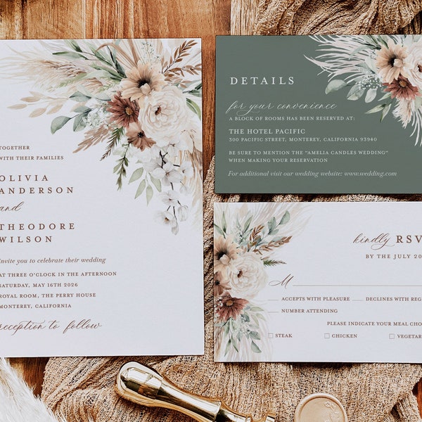 Boho Wedding Invitation Template, Sage Minimalist Wedding Invite Set, Elegant Floral Pampas Details Card, Terracotta Printable RSVP