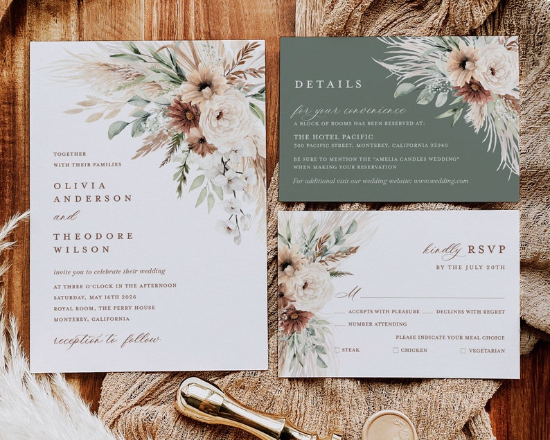 Boho Wedding Invitation Template, Sage Minimalist Wedding Invite Set, Elegant Floral Pampas Details Card, Terracotta Printable RSVP image 1