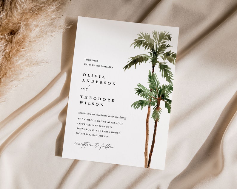 Palm Tree Wedding Invitation Template Set, Destination Beach Tropical Wedding Invite Suite, Boho Sage Details Card, Printable RSVP, Download image 9
