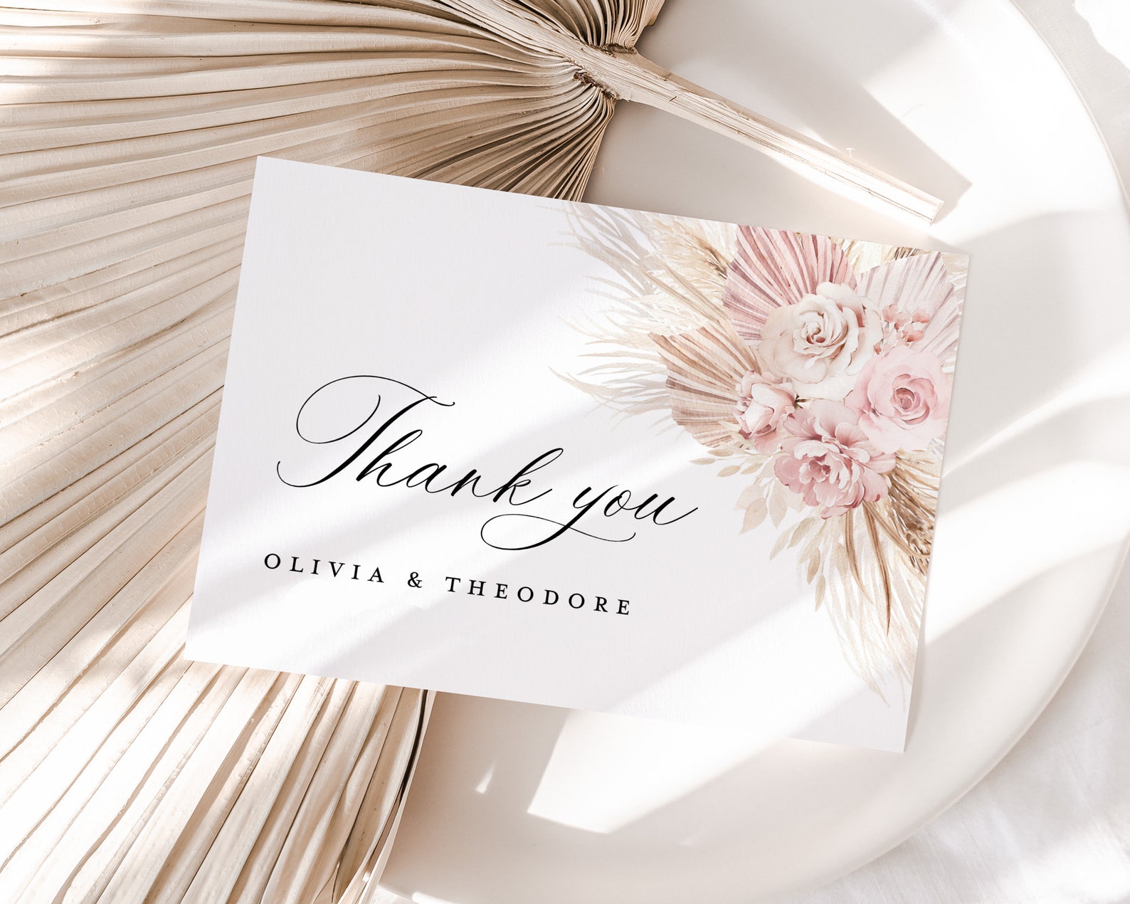 Blush Pink Wedding Thank You Card Template, Boho Floral Thank You Note ...