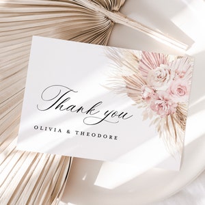 Blush rosa Hochzeit Danke-Karte Vorlage, Boho Blumen Dankeschön Note, elegante Dusty Rose Pampas Dank Tisch Platzkarte, Instant Download