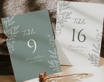 Sage Minimalist Wedding Table Numbers Card Template, Botanical Modern Table Numbers, Elegant Boho Greenery Printable Number Cards, Download