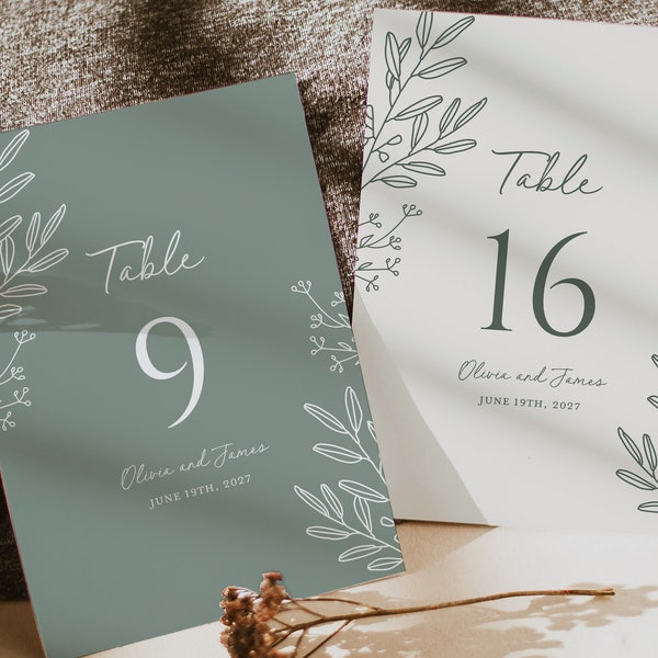 Sage Minimalist Wedding Table Numbers Card Template, Botanical Modern Table Numbers, Elegant Boho Greenery Printable Number Cards, Download