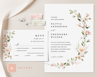 Blush Pink Wedding Invitation Template, Boho Floral Wedding Invite, Sage Blush Rose Minimalist Invitation Set, Printable Elegant RSVP, Leah