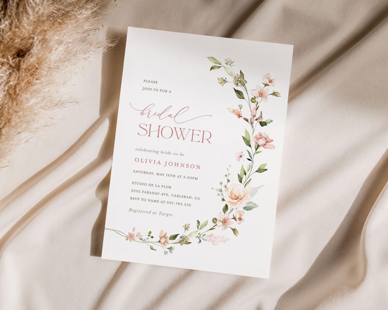Boho Floral Bridal Shower Invitation Template, Blush Pink Minimalist Shower Invite, Printable Dusty Pale Rose Shower, Editable Invite, Leah image 13