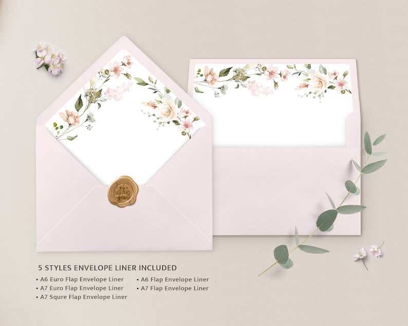 May include: A set of 5 floral envelope liners in pink and green tones. The liners are designed for A6 and A7 envelopes, including Euro flap and square flap styles.