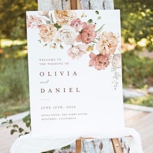 Plantilla de signo de bienvenida de boda Dusty Rose, signo rosa Boho Blush, decoración de recepción floral elegante moderna imprimible señalización grande, descargar