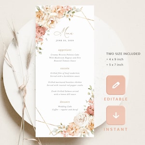 Dusty Rose Hochzeitsmenukarten Vorlage, Florale Rosa Hochzeitsmenukarten, Hochzeitsmenukarten, Elegantes Boho Gold Garten Abendmenu, Instant Download