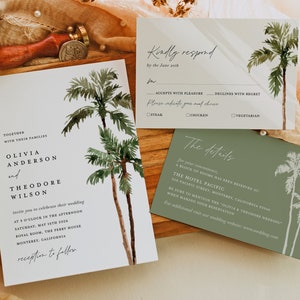 Palm Tree Wedding Invitation Template Set, Destination Beach Tropical Wedding Invite Suite, Boho Sage Details Card, Printable RSVP, Download image 5