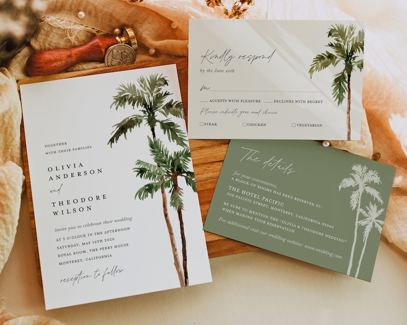 Palm Tree Wedding Invitation Template Set, Destination Beach Tropical Wedding Invite Suite, Boho Sage Details Card, Printable RSVP, Download image 5