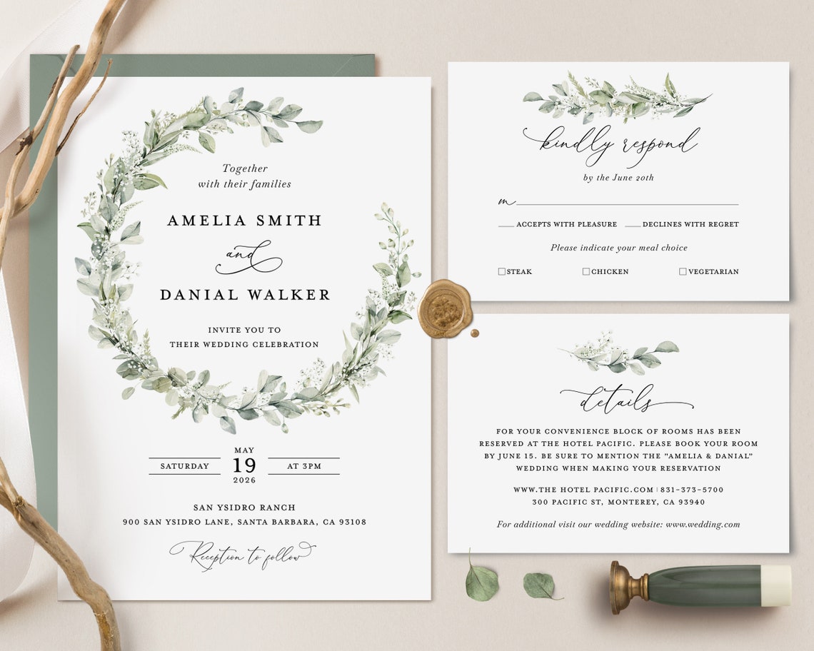 Sage Boho Wedding Invitation Template Greenery Wedding Invite image 1