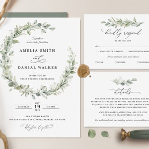 Sage Boho Wedding Invitation Template, Greenery Wedding Invite Set, Elegant Eucalyptus Minimalist Editable Details Card, Printable RSVP image 1