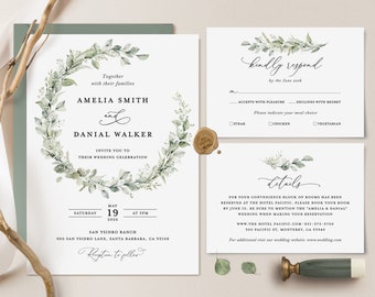 Sage Boho Wedding Invitation Template, Greenery Wedding Invite Set, Elegant Eucalyptus Minimalist Editable Details Card, Printable RSVP
