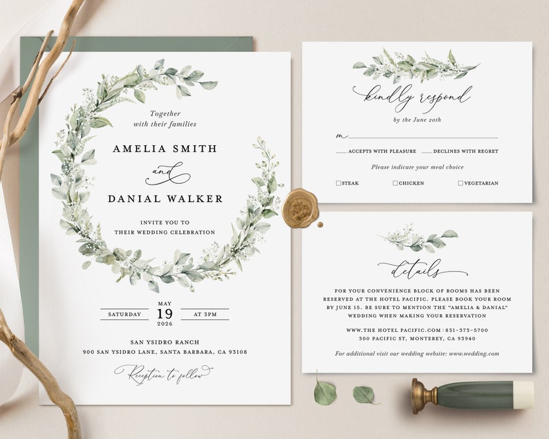 Sage Boho Wedding Invitation Template, Greenery Wedding Invite Set, Elegant Eucalyptus Minimalist Editable Details Card, Printable RSVP image 1