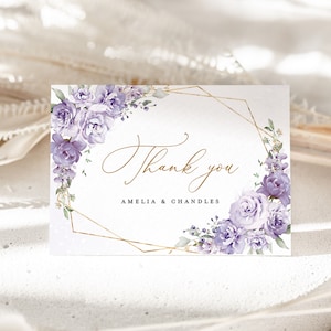 Lavendel Hochzeit Dankeskarte, Vorlage, Flieder Blumen Dankeschön Note, Boho Elegant Gold Personalisiert Danke Tisch Platzkarte, Download