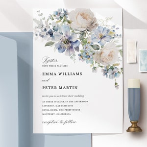 Modèle de faire-part de mariage ivoire bleu poussiéreux, carte d'invitation de mariage floral bohème, faire-part de mariage bleu clair jardin élégant imprimable, téléchargement