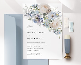 Dusty Blue Ivory Wedding Invitation Template, Floral Boho Wedding Invite Card, Printable Elegant Garden Light Blue Invitations, Download