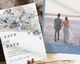 Plantilla de tarjetas de "Reserva la fecha" en azul empolvado marfil, tarjetas de "Reserva la fecha" para bodas con fotos florales en azul claro, elegantes tarjetas de "Reserva la fecha" estilo boho con temática de jardín. Descarga.