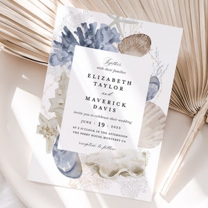 Plantilla de invitación de boda de Boho Beach, invitaciones de boda azul océano, tarjeta de boda imprimible de destino de concha de mar náutico, descarga instantánea