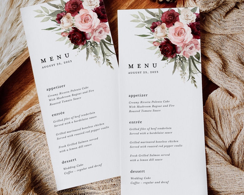 Burgundy Blush Pink Wedding Menu Cards Template, Boho Floral Reception ...